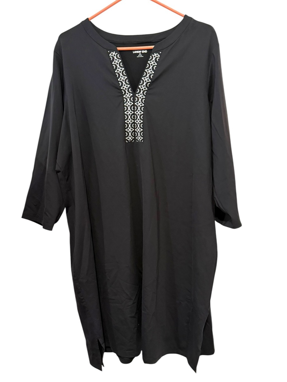Lands’ End 2X Black White Embroidered Swim Cover Up Tunic Dress